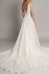 Casual Wedding Dress A-line Chic V-Neck Sleeveless Beaded Bridal Gowns With Train-Dbrbridal