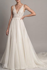 Casual Wedding Dress A-line Chic V-Neck Sleeveless Beaded Bridal Gowns With Train-Dbrbridal