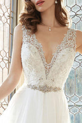 Casual Wedding Dress A-line Chic V-Neck Sleeveless Long Lace Bridal Gowns-Dbrbridal