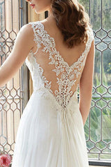 Casual Wedding Dress A-line Chic V-Neck Sleeveless Long Lace Bridal Gowns-Dbrbridal