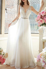 Casual Wedding Dress A-line Chic V-Neck Sleeveless Long Lace Bridal Gowns-Dbrbridal