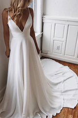 Casual Wedding Dress A-line Chic V-Neck Sleeveless Straps Back Lace Boho Bridal Gowns With Train-Dbrbridal
