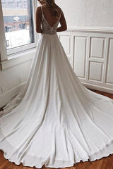 Casual Wedding Dress A-line Chic V-Neck Sleeveless Straps Back Lace Boho Bridal Gowns With Train-Dbrbridal