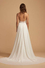 Casual Wedding Dress A-line Chic V-Neck Straps Sleeveless Lace Chiffon Bridal Gowns With Train For Beach Party-Dbrbridal