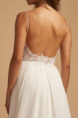 Casual Wedding Dress A-line Chic V-Neck Straps Sleeveless Lace Chiffon Bridal Gowns With Train For Beach Party-Dbrbridal