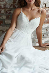 Casual Wedding Dress A-line Chic V-Neck Straps Sleeveless Lace Chiffon Bridal Gowns With Train For Beach Party-Dbrbridal