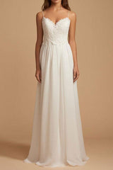 Casual Wedding Dress A-line Chic V-Neck Straps Sleeveless Lace Chiffon Bridal Gowns With Train For Beach Party-Dbrbridal