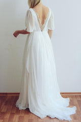Casual Wedding Dress A-line Chiffon Chic V-Neck Half Sleeves Pleated Long With Train Bridal Gowns-Dbrbridal