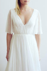 Casual Wedding Dress A-line Chiffon Chic V-Neck Half Sleeves Pleated Long With Train Bridal Gowns-Dbrbridal