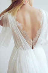 Casual Wedding Dress A-line Chiffon Chic V-Neck Half Sleeves Pleated Long With Train Bridal Gowns-Dbrbridal