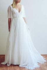 Casual Wedding Dress A-line Chiffon Chic V-Neck Half Sleeves Pleated Long With Train Bridal Gowns-Dbrbridal