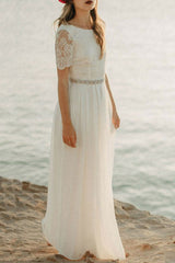 Casual Wedding Dress A-line Jewel Neck Lace Short Sleeve Long Chiffon Beach Wedding Bridal Gowns-Dbrbridal