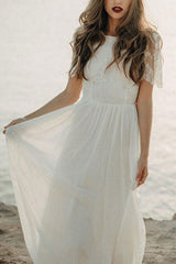 Casual Wedding Dress A-line Jewel Neck Lace Short Sleeve Long Chiffon Beach Wedding Bridal Gowns-Dbrbridal
