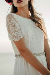 Casual Wedding Dress A-line Jewel Neck Lace Short Sleeve Long Chiffon Beach Wedding Bridal Gowns-Dbrbridal