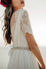 Casual Wedding Dress A-line Jewel Neck Lace Short Sleeve Long Chiffon Beach Wedding Bridal Gowns-Dbrbridal