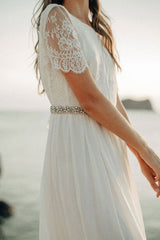 Casual Wedding Dress A-line Jewel Neck Lace Short Sleeve Long Chiffon Beach Wedding Bridal Gowns-Dbrbridal