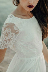 Casual Wedding Dress A-line Jewel Neck Lace Short Sleeve Long Chiffon Beach Wedding Bridal Gowns-Dbrbridal