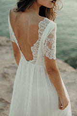 Casual Wedding Dress A-line Jewel Neck Lace Short Sleeve Long Chiffon Beach Wedding Bridal Gowns-Dbrbridal