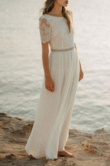 Casual Wedding Dress A-line Jewel Neck Lace Short Sleeve Long Chiffon Beach Wedding Bridal Gowns-Dbrbridal