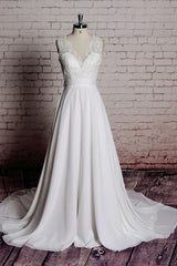 Casual Wedding Dress A-line Lace Chic V-Neck Sleeveless Bows Bridal Gowns With Chapel Train-Dbrbridal