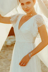 Casual Wedding Dress A Lne Chic V-Neck Short Sleeve Long Tulle Beach Wedding Party Dresses Bridal Gowns-Dbrbridal