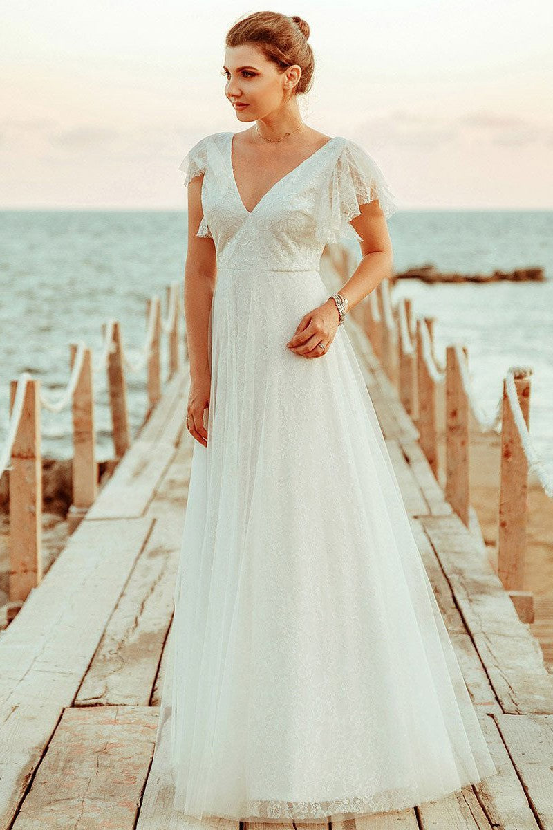 casual beach short wedding dresses Short Sleeve Sexy Slit Casual Custom Cheap Beach Wedding Dresses, WD31 QueenaBridal