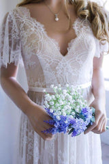 Casual Wedding Dress Chic V-Neck A-line Short Sleeve Deep V Sexy Backless Lace Bridal Gowns-Dbrbridal