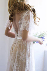 Casual Wedding Dress Chic V-Neck A-line Short Sleeve Deep V Sexy Backless Lace Bridal Gowns-Dbrbridal