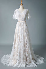 Casual Wedding Dress Chic V-Neck A-line Short Sleeve Deep V Sexy Backless Lace Bridal Gowns-Dbrbridal