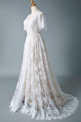 Casual Wedding Dress Chic V-Neck A-line Short Sleeve Deep V Sexy Backless Lace Bridal Gowns-Dbrbridal