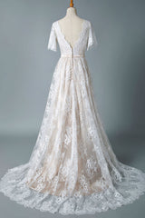 Casual Wedding Dress Chic V-Neck A-line Short Sleeve Deep V Sexy Backless Lace Bridal Gowns-Dbrbridal