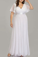 Casual Wedding Dress Chic V-Neck Short Sleeves A-line Long Chiffon Sash Plus Size Bridal Gowns With Sweep Train-Dbrbridal