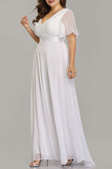 Casual Wedding Dress Chic V-Neck Short Sleeves A-line Long Chiffon Sash Plus Size Bridal Gowns With Sweep Train-Dbrbridal