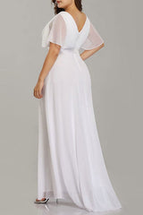 Casual Wedding Dress Chic V-Neck Short Sleeves A-line Long Chiffon Sash Plus Size Bridal Gowns With Sweep Train-Dbrbridal