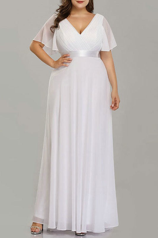 Casual Wedding Dress V-Neck Short Sleeves A-line Floor Length Chiffon Sash Plus Size Bridal Gowns With Sweep Train – Dbrbridal Casual Wedding Dress V-Neck Short Sleeves A-line Floor Length Chiffon Sash Plus Size Bridal Gowns With Sweep Train – Dbrbridal