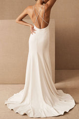 Casual Wedding Dress Column Chic V-Neck Sleeveless Criss Cross Bridal Gowns With Train-Dbrbridal