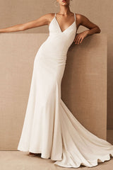 Casual Wedding Dress Column Chic V-Neck Sleeveless Criss Cross Bridal Gowns With Train-Dbrbridal