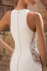 Casual Wedding Dress Lycra Spandex Jewel Neck Sleeveless Lace Mermaid Bridal Gowns-Dbrbridal