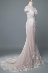 Casual Wedding Dress Mermaid Jewel Neck Short Sleeves Long Customized Lace Bridal Gowns With Train-Dbrbridal