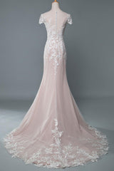 Casual Wedding Dress Mermaid Jewel Neck Short Sleeves Long Customized Lace Bridal Gowns With Train-Dbrbridal