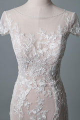 Casual Wedding Dress Mermaid Jewel Neck Short Sleeves Long Customized Lace Bridal Gowns With Train-Dbrbridal