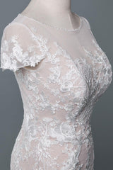 Casual Wedding Dress Mermaid Jewel Neck Short Sleeves Long Customized Lace Bridal Gowns With Train-Dbrbridal