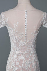 Casual Wedding Dress Mermaid Jewel Neck Short Sleeves Long Customized Lace Bridal Gowns With Train-Dbrbridal