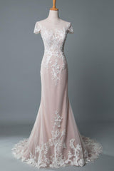 Casual Wedding Dress Mermaid Jewel Neck Short Sleeves Long Customized Lace Bridal Gowns With Train-Dbrbridal