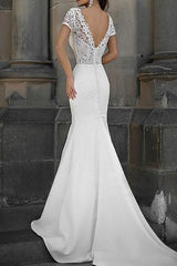 Casual Wedding Dress Mermaid Lace Chic V-Neck Short Sleeves Beaded Sash Bridal Gowns With Train-Dbrbridal