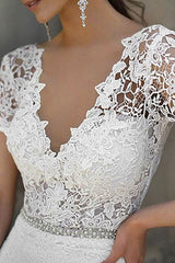 Casual Wedding Dress Mermaid Lace Chic V-Neck Short Sleeves Beaded Sash Bridal Gowns With Train-Dbrbridal