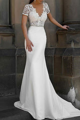 Casual Wedding Dress Mermaid Lace Chic V-Neck Short Sleeves Beaded Sash Bridal Gowns With Train-Dbrbridal