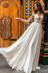 Casual Wedding Dress White A-Line Court Train Chic V-Neck Sleeveless Chiffon Lace Bridal Gowns-Dbrbridal