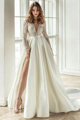 Casual Wedding Dress With Train A-line Chic V-Neck Long Sleeves Lace Bridal Gowns-Dbrbridal