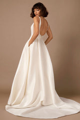 Casual Wedding Dress With Train Satin Fabric Strapless Sleeveless Pockets A-Line Bridal Gowns-Dbrbridal